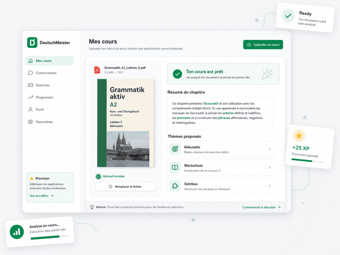 Interface DeutschMeister analysant un fascicule d'allemand